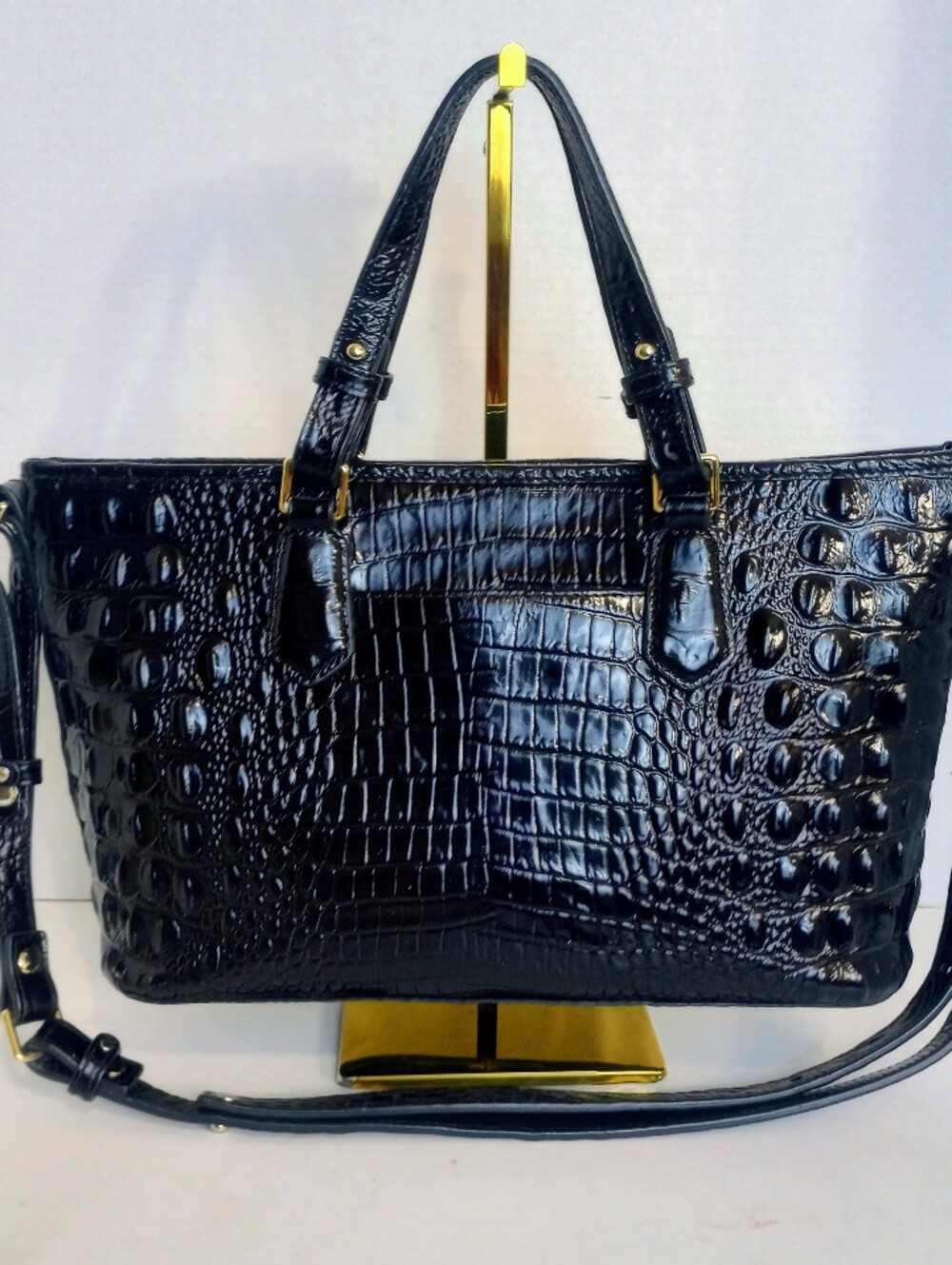 Brahmin Black Melbourne Mini Asher Crocodile Embossed Leather Crossbody Satchel - Picture 2 of 10